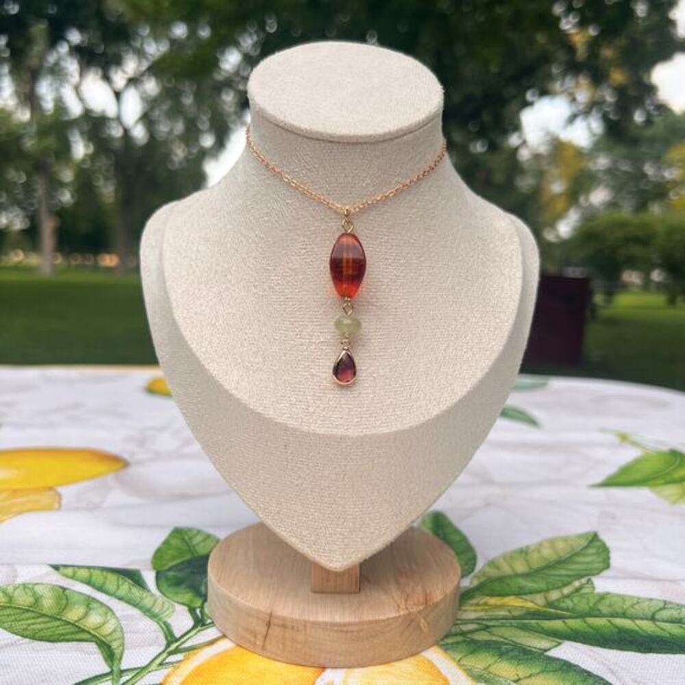 Amber Garnet Wine Red Crystal Glass Cantaloupe Fruit Green Casual Fun Necklace